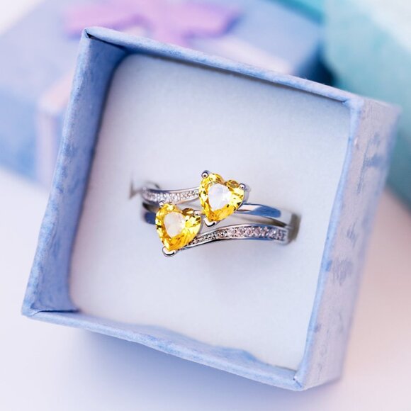 ✨925 Silver Plated Yellow Double Heart-Shaped CZ Ring, MLNN1217 - Picture 2 of 2